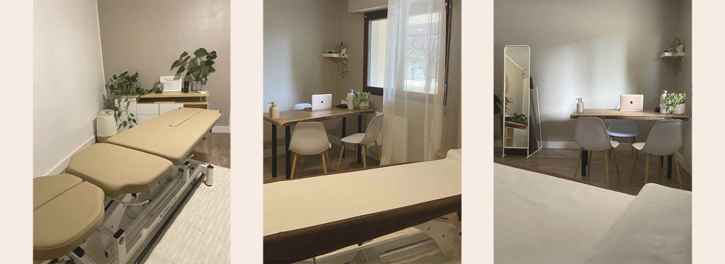 Trois photos du cabinet ostéopathe de Coline Rey, situé à Ambilly, en Haute-Savoie
Contient une table de manipulation, dans une pièce joliment décoré dans des tons beiges, avec quelques plantes, un miroir et un bureau qui permet l'entretien en début de consultation